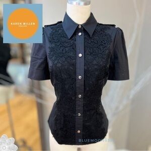 KAREN MILLEN England Blouse Shirt Black Appliqué Some Stretch Side Zipper 8 10
